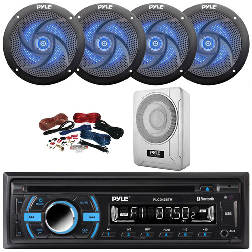 Pyle PLCD43BTM Single DIN Marine Bluetooth USB/AUX MP3 Player AM/FM Radio In-Dash Head Unit Stereo Receiver, 4x 4" 100W Max 2-Way Blue Flashing LED Speakers, 8” 600W Max Under-Seat Subwoofer W/Kit