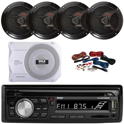 Pyle PLCDBT95 Single DIN Marine Bluetooth USB/AUX MP3/CD Player AM/FM Radio In Dash Stereo Receiver, 4x 6.5" 150W Max Full Range Dual Cone Waterproof Speakers, 10” 900W Max Under-Seat Subwoofer W/Kit