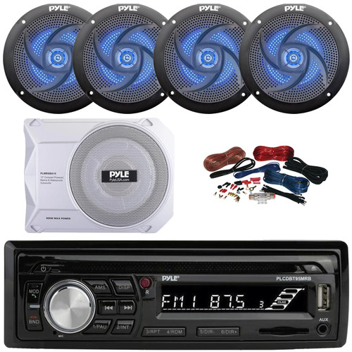 Pyle PLCDBT95 Single DIN Marine Bluetooth USB/AUX MP3/CD Player AM/FM Radio In Dash Stereo Receiver, 4x 5.25" 180W Max Low Profile Blue Flashing LED Speakers, 10” 900W Max Under-Seat Subwoofer W/Kit