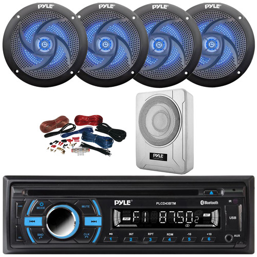 Pyle PLCD43BTM Single DIN Marine Bluetooth USB/AUX MP3 Player AM/FM Radio In-Dash Head Unit Stereo Receiver, 4x 5.25" 180W Max 2-Way Blue Flashing LED Speakers, 8” 600W Max Under-Seat Subwoofer W/Kit