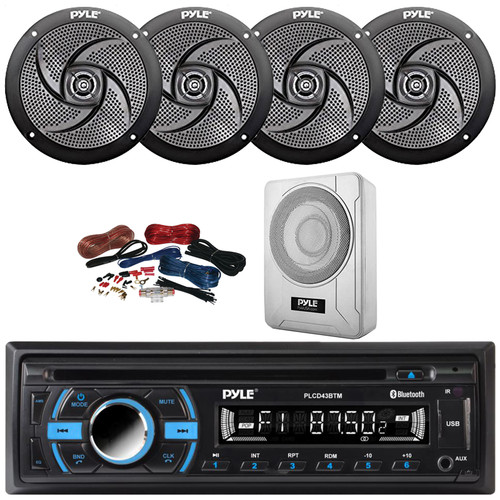 Pyle PLCD43BTM Single DIN Marine Bluetooth USB/AUX MP3 Player AM/FM Radio In-Dash Head Unit Stereo Receiver, 4x 5.25" 180W Max 2-Way Low Profile Black Speakers, 8” 600W Max Under-Seat Subwoofer W/Kit