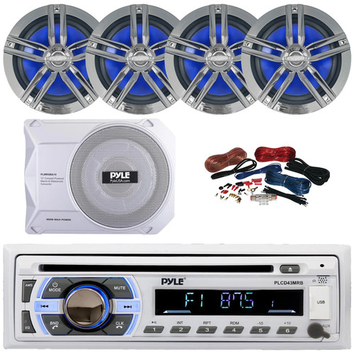 Pyle PLCD43MRB Single DIN Marine Bluetooth USB/AUX MP3 Player AM/FM Radio In-Dash Head unit Stereo Receiver, 4x 6.5" 180 Watt Max 2-Way Charcoal Boat Speakers, 10” 900W Max Under-Seat Subwoofer W/Kit