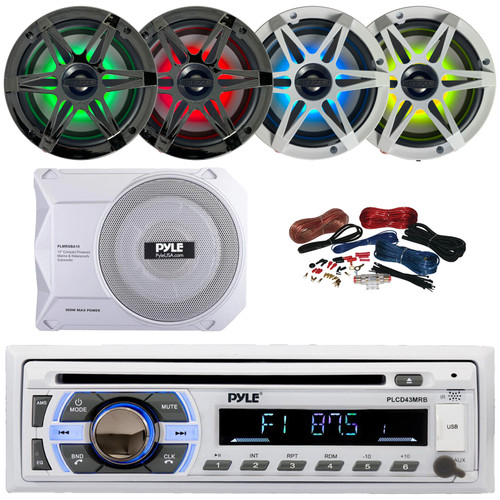 Pyle PLCD43MRB Single DIN Marine Bluetooth USB/AUX MP3 Player AM/FM Radio In-Dash Head Unit Stereo Receiver, 4x 6.5" 120W Max RGB LED Speakers with Grilles, 10” 900W Max Under-Seat Subwoofer W/Kit