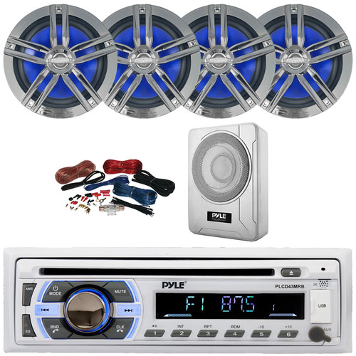 Pyle PLCD43MRB Single DIN Marine Bluetooth USB/AUX MP3 Player AM/FM Radio In-Dash Head Unit Stereo Receiver, 4x 6.5" 180W Max 2-Way Charcoal Boat Speakers, 8” 600W Max Under-Seat Subwoofer W/Kit