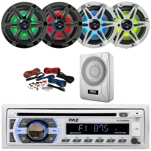 Pyle PLCD43MRB Single DIN Marine Bluetooth USB/AUX MP3 Player AM/FM Radio In-Dash Head Unit Stereo Receiver, 4x 6.5" 120W Max RGB LED Speakers with Grilles, 8” 600W Max Under-Seat Subwoofer W/Kit