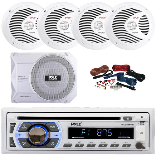 Pyle PLCD43MRB Single DIN Marine Bluetooth USB/AUX MP3 Player AM/FM Radio In-Dash Head unit Stereo Receiver, 4x 6.5" 150W Max Full Range Dual Cone Speakers, 10” 900W Max Under-Seat Subwoofer W/Kit