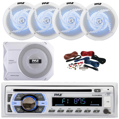 Pyle PLCD43MRB Single DIN Marine Bluetooth USB/AUX MP3 Player AM/FM Radio In-Dash Head unit Stereo Receiver, 4x 6.5" 240W Max 2-Way Blue LED White Speakers, 10” 900W Max Under-Seat Subwoofer W/Kit
