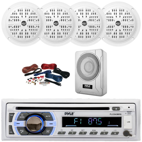Pyle PLCD43MRB Single DIN Marine Bluetooth USB/AUX MP3 Player AM/FM Radio In-Dash Head Unit Stereo Receiver, 4x 4'' 100W Max Dual Cone Waterproof Speakers, 8” 600W Max Under-Seat Subwoofer W/Kit