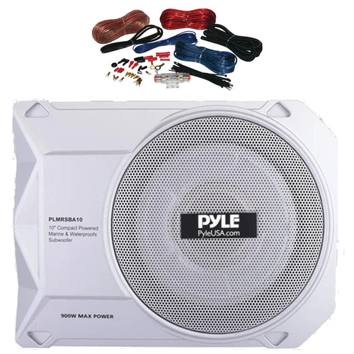 Pyle PLMRSBA10 10” 900 Watts Max Power Low-Profile Active Amplified Subwoofer for Under-seat Installations Bundle Combo With 8-Gauge Amplifier Wiring Installation Kit