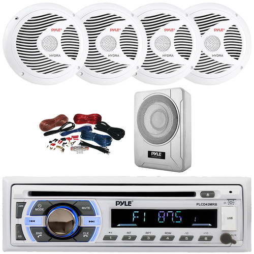 Pyle PLCD43MRB Single DIN Marine Bluetooth USB/AUX MP3 Player AM/FM Radio In-Dash Head Unit Stereo Receiver, 4x 6.5" 150W Max Full Range Dual Cone Speakers, 8” 600W Max Under-Seat Subwoofer W/Kit