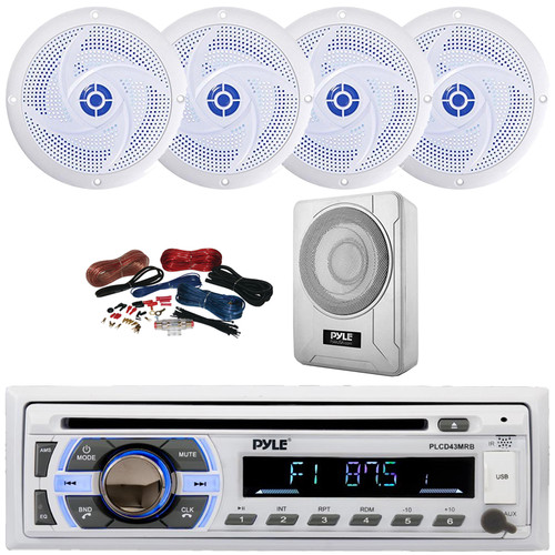 Pyle PLCD43MRB Single DIN Marine Bluetooth USB/AUX MP3 Player AM/FM Radio In-Dash Head Unit Stereo Receiver, 4x 5.25" 180W Max 2-Way Blue Flashing LED Speakers, 8” 600W Max Under-Seat Subwoofer W/Kit