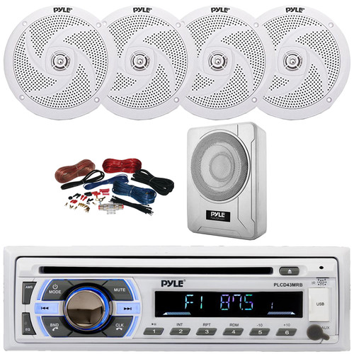 Pyle PLCD43MRB Single DIN Marine Bluetooth USB/AUX MP3 Player AM/FM Radio In-Dash Head Unit Stereo Receiver, 4x 6'' 240W Max Low Profile 2-Way White Speakers, 8” 600W Max Under-Seat Subwoofer W/Kit