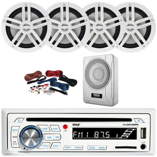 Pyle PLCDBT65 Single DIN Marine Bluetooth USB/AUX CD Player AM/FM Radio In-Dash Stereo Receiver, 4x 6.5" 180 Watt Max Power 2-Way White Boat Audio Speakers, 8” 600W Max Under-Seat Subwoofer W/Kit