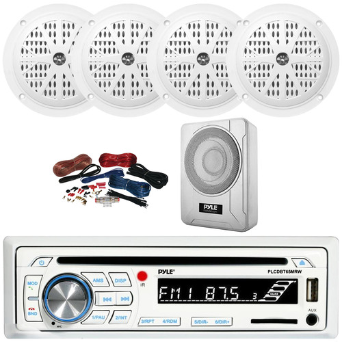 Pyle PLCDBT65 Single DIN Marine Bluetooth USB/AUX CD Player AM/FM Radio In-Dash Stereo Receiver, 4x 4'' 100W Max Dual Cone Waterproof White Stereo Speakers, 8” 600W Max Under-Seat Subwoofer W/Kit