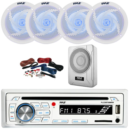 Pyle PLCDBT65 Single DIN Marine Bluetooth USB/AUX CD Player AM/FM Radio In-Dash Stereo Receiver, 4x 4" 100W Max Low Profile 2-Way Blue Light LED White Speakers, 8” 600W Max Under-Seat Subwoofer W/Kit