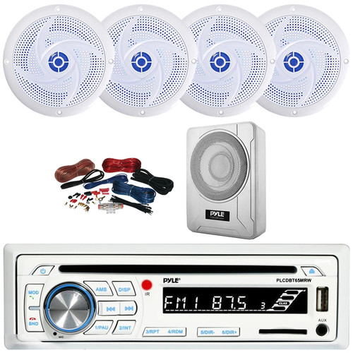 Pyle PLCDBT65 Single DIN Marine Bluetooth USB/AUX CD Player AM/FM Radio In-Dash Stereo Receiver, 4x 5.25" 180W Max 2-Way Low Profile Blue Flashing LED Speakers, 8” 600W Max Under-Seat Subwoofer W/Kit