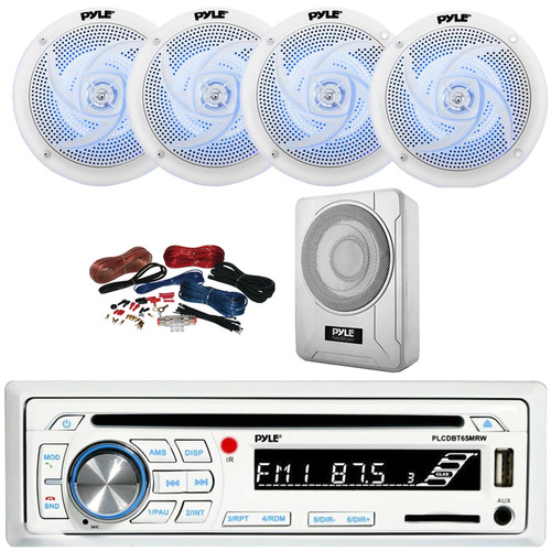 Pyle PLCDBT65 Single DIN Marine Bluetooth USB/AUX CD Player AM/FM Radio In-Dash Stereo Receiver, 4x 6.5" 240W Max Low-Profile 2-Way Blue LED White Speakers, 8” 600W Max Under-Seat Subwoofer W/Kit