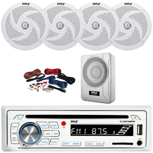 Pyle PLCDBT65 Single DIN Marine Bluetooth USB/AUX CD Player AM/FM Radio In-Dash Stereo Receiver, 4x 6'' 240W Max Power Low Profile 2-Way White Boat Speakers, 8” 600W Max Under-Seat Subwoofer W/Kit