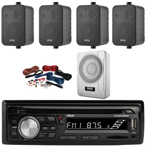 Pyle PLCDBT95 Single DIN Marine Bluetooth USB/AUX MP3/CD Player AM/FM Radio In Dash Stereo Receiver, 4x 4" 30W Max Power 3-Way Indoor/Outdoor Black Speakers, 8” 600W Max Under-Seat Subwoofer W/Kit