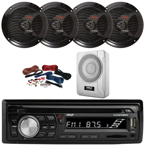 Pyle PLCDBT95 Single DIN Marine Bluetooth USB/AUX MP3/CD Player AM/FM Radio In Dash Stereo Receiver, 4x 6.5" 150W Max Full Range Dual Cone Waterproof Speakers, 8” 600W Max Under-Seat Subwoofer W/Kit
