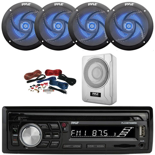 Pyle PLCDBT95 Single DIN Marine Bluetooth USB/AUX MP3/CD Player AM/FM Radio In Dash Stereo Receiver, 4x 4" 100W Max Low Profile Blue Flashing LED Speakers, 8” 600W Max Under-Seat Subwoofer W/Kit