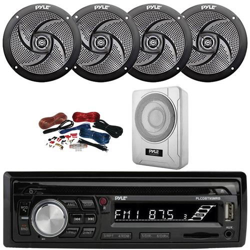 Pyle PLCDBT95 Single DIN Marine Bluetooth USB/AUX MP3/CD Player AM/FM Radio In Dash Stereo Receiver, 4x 4" 100W Max Power Low Profile 2-Way Black Boat Speakers, 8” 600W Max Under-Seat Subwoofer W/Kit