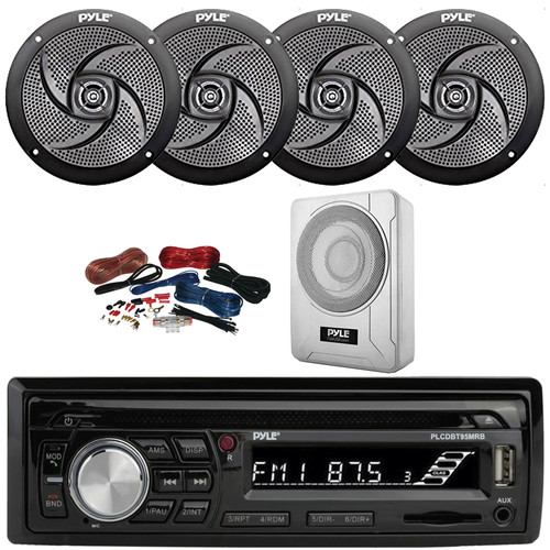 Pyle PLCDBT95 Single DIN Marine Bluetooth USB/AUX MP3/CD Player AM/FM Radio In Dash Stereo Receiver, 4x 5.25" 180W Max 2-Way Low Profile Slim Style Speakers, 8” 600W Max Under-Seat Subwoofer W/Kit