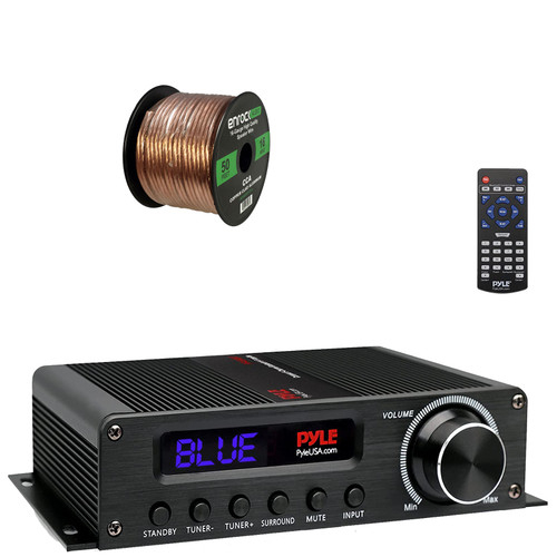 Pyle PFA560BT 5.1 Channel LED Display 100W Bluetooth HDMI FM Radio Hi-Fi AV Audio Amplifier Receiver Bundle Combo With 50 Feet 16 Gauge Speaker Wire