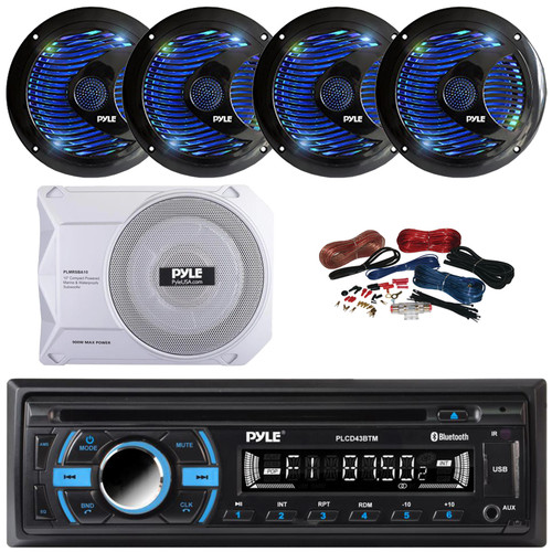 Pyle PLCD43BTM Single DIN Marine Bluetooth USB/AUX MP3 Player AM/FM Radio In-Dash Head unit Stereo Receiver, 4x 6.5'' 150W Max Dual Cone RGB LED Speakers, 10” 900W Max Under-Seat Subwoofer W/Kit
