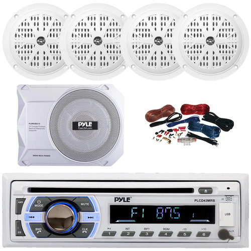 Pyle PLCD43MRB Single DIN Marine Bluetooth USB/AUX MP3 Player AM/FM Radio In-Dash Head unit Stereo Receiver, 4x 4'' 100W Max Power Dual Cone White Speakers, 10” 900W Max Under-Seat Subwoofer W/Kit