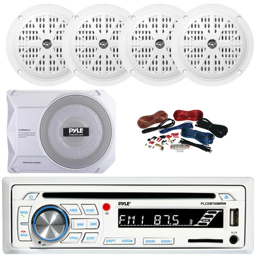 Pyle PLCDBT65 Single DIN Marine Bluetooth USB/AUX CD Player AM/FM Radio In-Dash Stereo Receiver, 4x 4'' 100W Max Dual Cone Waterproof White Stereo Speakers, 10” 900W Max Under-Seat Subwoofer W/Kit