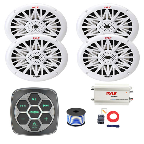 Metra IBBTR19 Marine 3-Zone Bluetooth Controller, 4x 6x9" 260 Watt Full Range Audio Speakers (White), 4-Channel Bluetooth Amplifier w/Kit, Wire