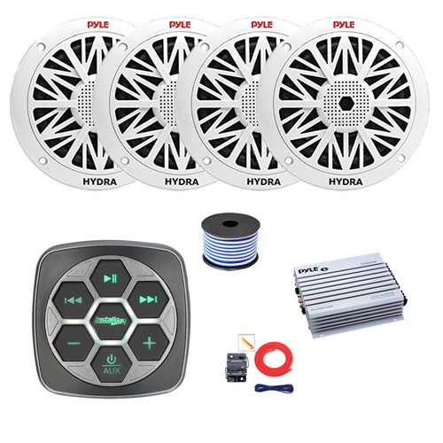 Metra IBBTR19 Marine 3-Zone Bluetooth Controller, 4x 8" 300 Watt Full Range Audio Speakers (White), 4-Channel Amplifier w/Kit, Wire