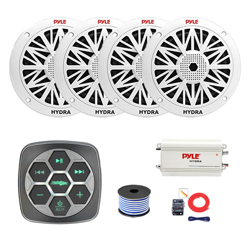 Metra IBBTR19 Marine 3-Zone Bluetooth Controller, 4x 8" 300 Watt Full Range Audio Speakers (White), 4-Channel Bluetooth Amplifier w/Kit, Wire