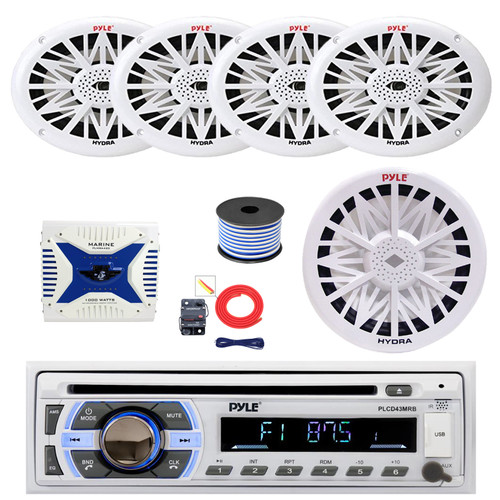 Pyle PLCD43MRB Single DIN Bluetooth CD Player MP3 Stereo Receiver, 4x 6x9" 260 Watt Full Range Marine Speakers (White), 4-Channel Amplifier w/Install Kit, 8" Subwoofer, Wire