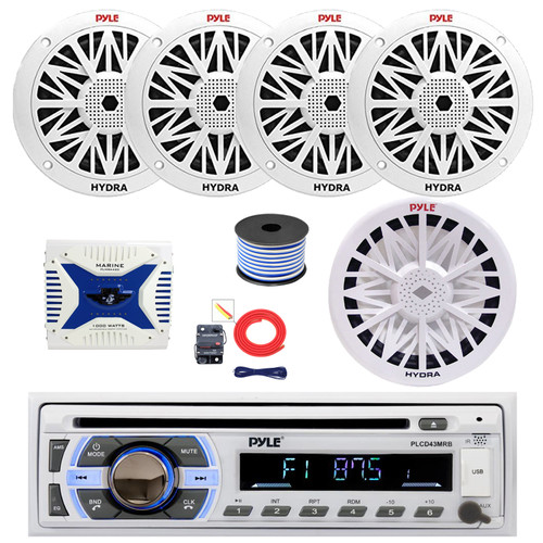 Pyle PLCD43MRB Single DIN Bluetooth CD Player MP3 Stereo Receiver, 4x 8" 300 Watt Full Range Marine Speakers (White), 4-Channel Amplifier w/Install Kit, 8" Subwoofer, Wire