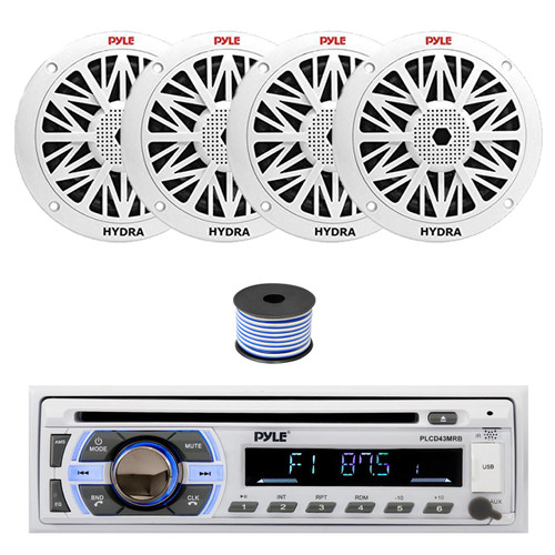 Pyle PLCD43MRB Single DIN Bluetooth CD Player MP3 Stereo Receiver, 4x 8" 300 Watt Full Range Marine Speakers (White), Wire