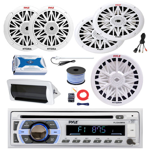 Pyle PLCD43MRB Single DIN Bluetooth CD Player MP3 Stereo Receiver, Cover, 2x 6x9" 260W + 2x 6.5" 200W Full Range Marine Speakers (White), Amplifier w/Kit, 10" Subwoofer, Antenna, USB Adapter, Wire