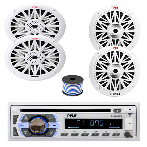 Pyle PLCD43MRB Single DIN Bluetooth CD Player MP3 Stereo Receiver, 2x 6x9" 260 Watt + 2x 6.5" 200 Watt Full Range Marine Speakers (White), Wire