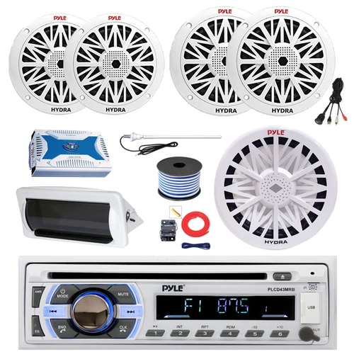 Pyle PLCD43MRB Single DIN Bluetooth CD Player MP3 Stereo Receiver, Cover, 2x 8" 300W + 2x 6.5" 200W Full Range Marine Speakers (White), Amplifier w/Kit, 10" Subwoofer, Antenna, USB Adapter, Wire
