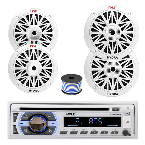 Pyle PLCD43MRB Single DIN Bluetooth CD Player MP3 Stereo Receiver, 2x 8" 300 Watt + 2x 6.5" 200 Watt Full Range Marine Speakers (White), Wire
