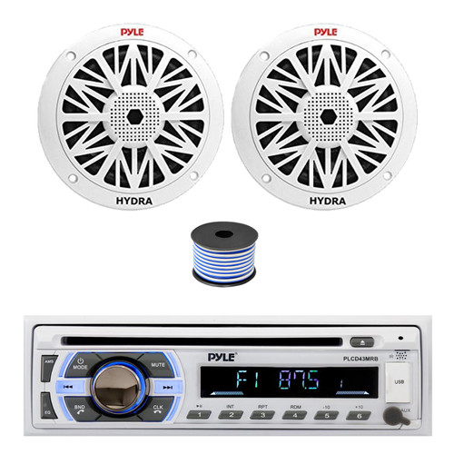 Pyle PLCD43MRB Single DIN Bluetooth CD Player MP3 Stereo Receiver, 2x 6.5" 200 Watt Full Range Marine Speakers (White), Wire