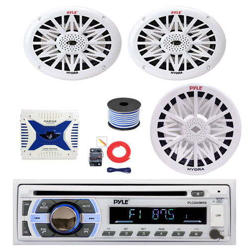 Pyle PLCD43MRB Single DIN Bluetooth CD Player MP3 Stereo Receiver, 2x 6x9" 260 Watt Full Range Marine Speakers (White), 4-Channel Amplifier w/Install Kit, 8" Subwoofer, Wire