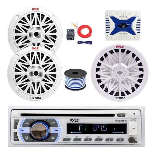 Pyle PLCD43MRB Single DIN Bluetooth CD Player MP3 Stereo Receiver, 2x 8" 300 Watt Full Range Marine Speakers (White), 4-Channel Amplifier w/Install Kit, 8" Subwoofer, Wire