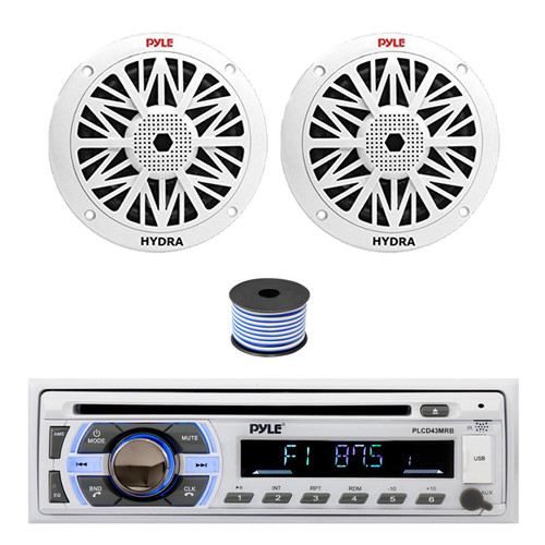 Pyle PLCD43MRB Single DIN Bluetooth CD Player MP3 Stereo Receiver, 2x 8" 300 Watt Full Range Marine Speakers (White), Wire