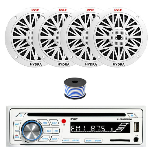 Pyle PLCDBT65 Single DIN Bluetooth AM/FM CD Stereo Receiver, 4x 6.5" 200 Watt Full Range Marine Speakers (White), Wire