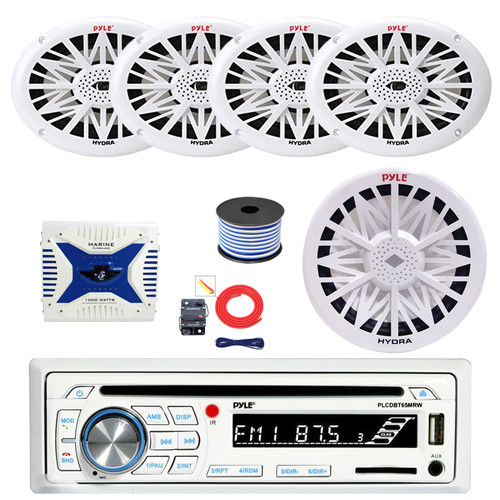 Pyle PLCDBT65 Single DIN Bluetooth AM/FM CD Stereo Receiver, 4x 6x9" 260 Watt Full Range Marine Speakers (White), 4-Channel Amplifier w/Install Kit, 8" Subwoofer, Wire
