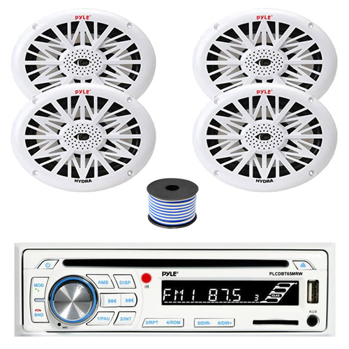 Pyle PLCDBT65 Single DIN Bluetooth AM/FM CD Stereo Receiver, 4x 6x9" 260 Watt Full Range Marine Speakers (White), Wire