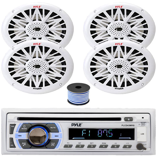 Pyle PLCD43MRB Single DIN Marine Bluetooth USB/AUX MP3 Player AM/FM Radio In-Dash Stereo Head Unit Receiver, 4x 6x9" 260W Max Power 2 Way Full Range White Boat Speakers, 50 Feet 18 Gauge Speaker Wire