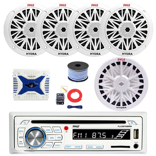 Pyle PLCDBT65 Single DIN Bluetooth AM/FM CD Stereo Receiver, 4x 8" 300 Watt Full Range Marine Speakers (White), 4-Channel Amplifier w/Install Kit, 8" Subwoofer, Wire